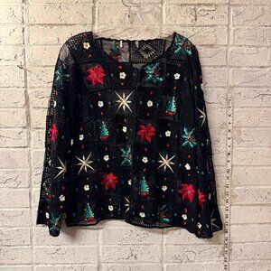 Vintage Embroidered Crochet Christmas Blouse – Festive Holiday Top